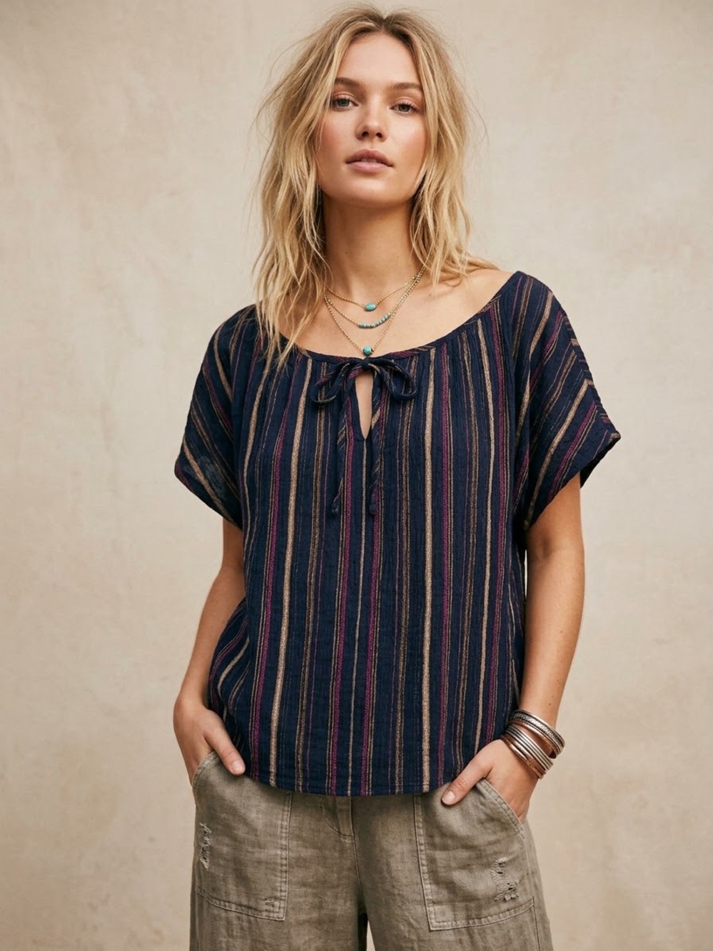 🌾 Wrap London Womens M Navy Blue & Gold Striped Cotton Viscose Tie Neck Blouse